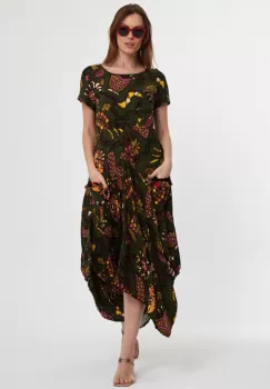 Rochie kaki, lalea, in colturi, cu imprimeu, din vascoza imagine