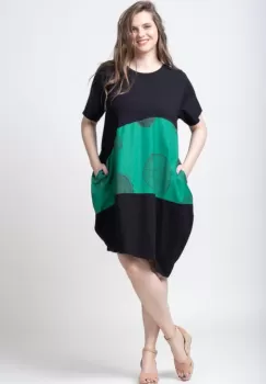 Rochie lalea asimetrica cu bust negru si imprimeu grafic pe fond verde imagine