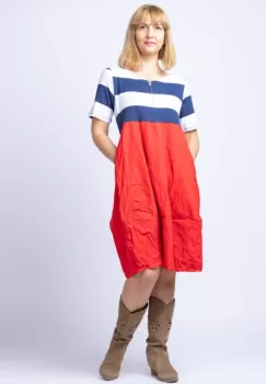 Rochie lalea cu dungi late alb - bleumarin si tafta rosie imagine