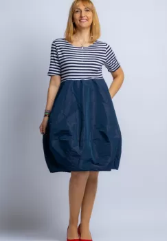 Rochie lalea cu imprimeu marinar alb negru si tafta bleumarin imagine