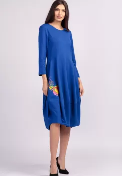 Rochie lalea din bumbac albastru electric, cu imprimeu fluture stilizat imagine