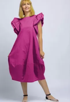 Rochie lalea din poplin mov zmeura, cu maneci bufante ample imagine