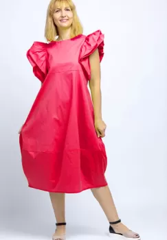 Rochie lalea din poplin, rosie, cu maneci bufante ample imagine