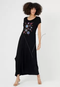 Rochie lalea in colturi, din tricot de vascoza, cu broderie Circles imagine