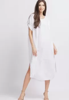 Rochie lalea oversize din in cu buzunare si crapaturi laterale rotunjite, alb imagine