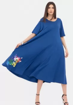 Rochie lunga A-line, albastra, cu imprimeu floare stilizata cu petale multicolore imagine