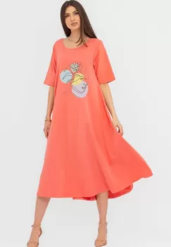 Rochie lunga A-line corai, din tricot de bumbac cu imprimeu chip stilizat imagine