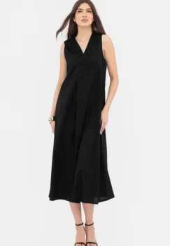 Rochie lunga A-line cu decolteu in V, din poplin de bumbac, neagra imagine