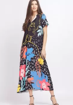 Rochie lunga A-line cu imprimeu cu flori mari pe fond negru imagine