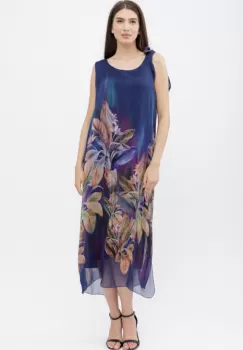 Rochie lunga A-line, cu imprimeu vegetal pe fond bleumarin imagine