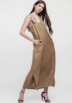 Rochie lunga A-line din in, fara maneci, camel imagine