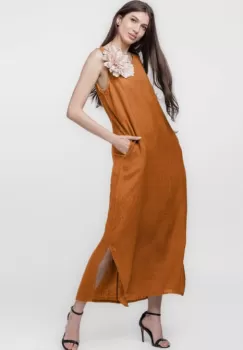 Rochie lunga A-line din in, fara maneci, caramizie imagine