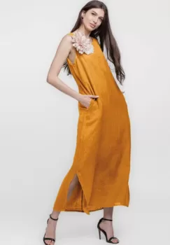 Rochie lunga A-line din in, fara maneci, galben turmeric imagine