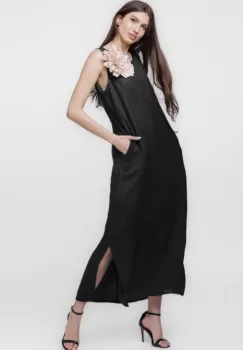 Rochie lunga A-line din in, fara maneci, neagra imagine