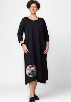 Rochie lunga A-line din tricot de bumbac neagra cu imprimeu floare acuarela imagine