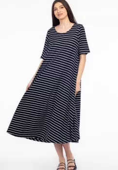 Rochie lunga A-line, din tricot de vascoza, cu dungi albe pe fond bleumarin imagine