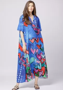 Rochie lunga A-line din vascoza cu imprimeu inimi pe fond albastru imagine