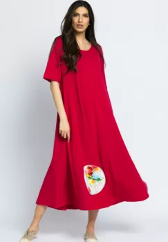 Rochie lunga A-line, fucsia, cu aplicatie imprimeu flori imagine