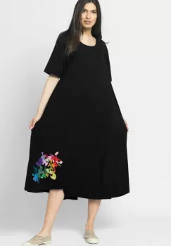 Rochie lunga A-line, neagra, cu imprimeu floare stilizata cu petale multicolore imagine