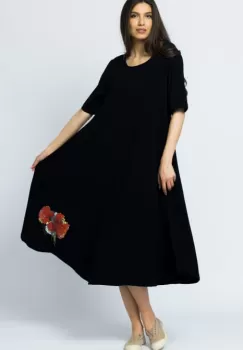 Rochie lunga A-line, neagra, cu imprimeu maci imagine