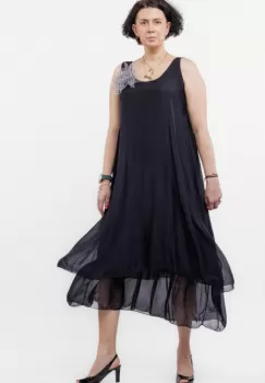 Rochie lunga A-line, suprapusa, din matase naturala, neagra imagine