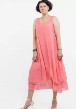 Rochie lunga A-line, suprapusa, din matase naturala, roz coral imagine