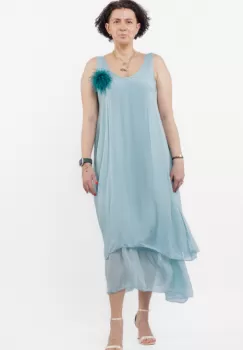 Rochie lunga A-line, suprapusa, din matase naturala, turcoaz deschis imagine