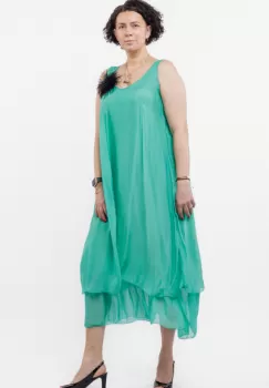 Rochie lunga A-line, suprapusa, din matase naturala, verde imagine