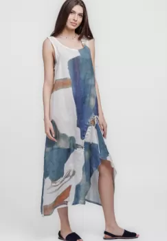 Rochie lunga asimetrica A-line din in cu snur pe fata si imprimeu pictural imagine