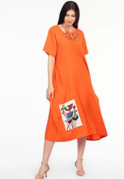 Rochie lunga corai din in mercerizat, cu aplicatie flori stilizate imagine