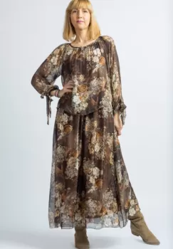 Rochie lunga cu imprimeu floral, cu nuante de maron, din matase imagine