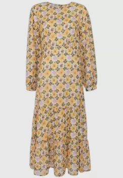 Rochie lunga cu imprimeu floral galben sofran-verde olive imagine