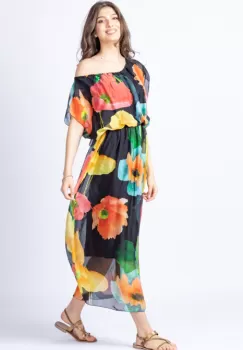 Rochie lunga, cu imprimeu floral multicolor pe fond bleumarin, din matase naturala imagine