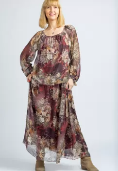 Rochie lunga, cu imprimeu floral pe nuante de bordo, din matase imagine
