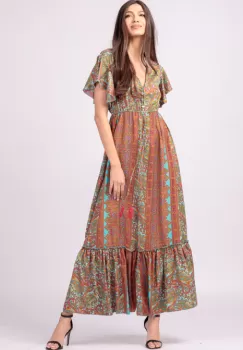 Rochie lunga cu volan si imprimeu floral, din matase indiana turcoaz - corai imagine