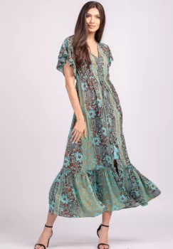 Rochie lunga cu volan si imprimeu floral, din matase indiana turcoaz- maro imagine