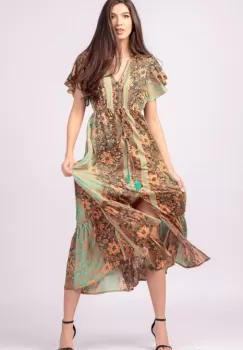 Rochie lunga cu volan si imprimeu floral, din matase indiana verde menta - portocaliu imagine