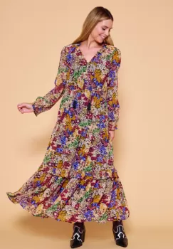 Rochie lunga cu volane si imprimeu floral in nuante de toamna imagine