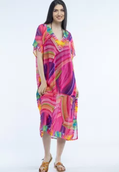 Rochie lunga de plaja tip poncho cu imprimeu dungat predominant fucsia imagine