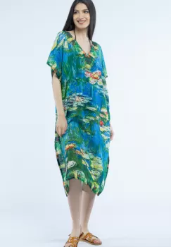 Rochie lunga de plaja tip poncho cu imprimeu dupa Nuferii de Claude Monet imagine