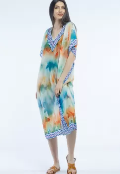 Rochie lunga de plaja tip poncho cu motive florale acuarela imagine