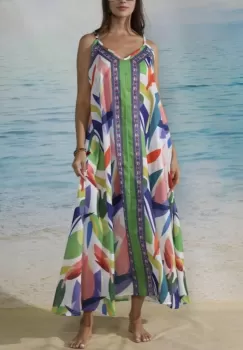 Rochie lunga de vara din vascoza si bumbac, cu imprimeu geometric multicolor imagine