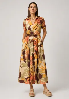 Rochie lunga din bumbac tip camasa cu imprimeu floral, cu curea imagine
