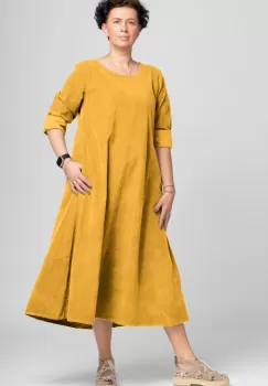 Rochie lunga din catifea reiata, A-line, galben imagine