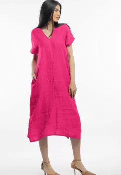 Rochie lunga din in cu funda pe spate, fucsia imagine