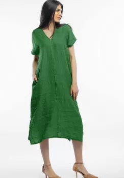 Rochie lunga din in cu funda pe spate, verde oliv inchis imagine