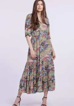 Rochie lunga din matase indiana, cu bust petrecut, imprimeu paisley si elemente aurii imagine