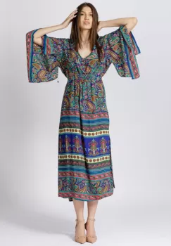 Rochie lunga din matase indiana cu maneca ampla si imprimeu arabesque albastru-verde imagine