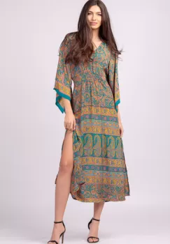 Rochie lunga din matase indiana cu maneca ampla si imprimeu arabesque turcoaz-corai imagine