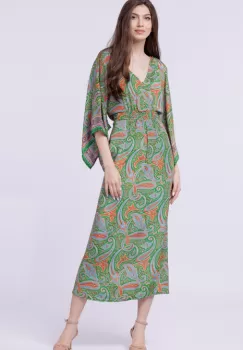 Rochie lunga din matase indiana cu maneca ampla si imprimeu arabesque verde-corai imagine